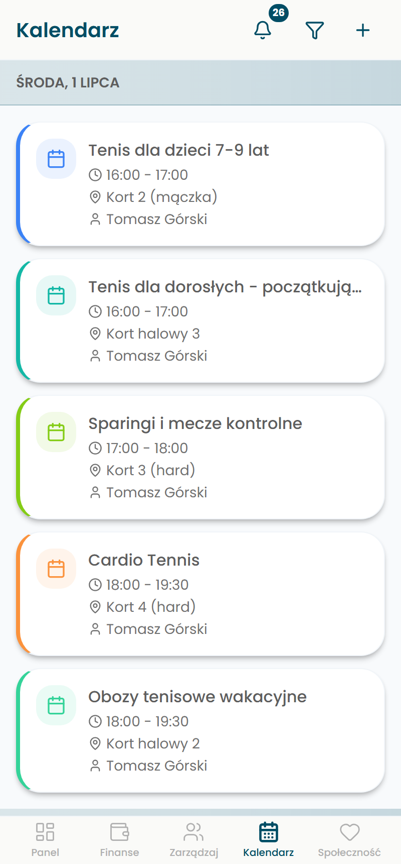 VibeClass, aplikacja mobilna, kalendarz